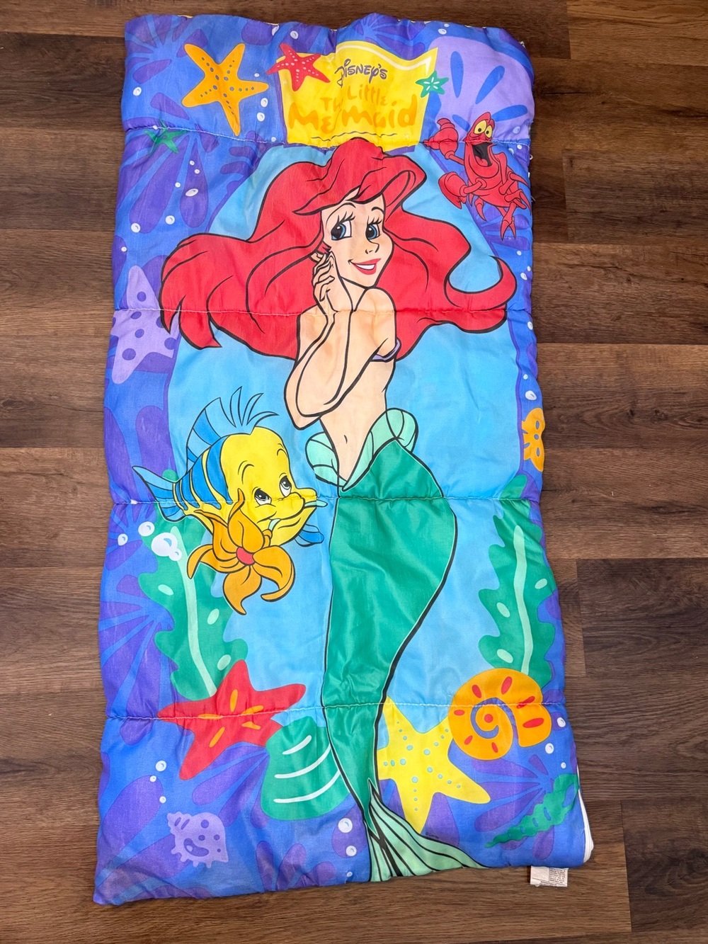 Disney Ariel Sleeping Bag with Red Hair, Green Tail and Blue Background